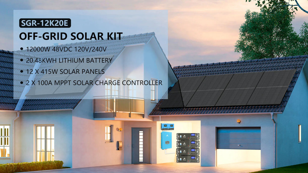 SunGoldPower Off-Grid Solar Kit 12000W 48VDC 120V/240V LifePo4 20.48KWH Lithium Battery 12 X 415 Watts Solar Panels SGR- 12K20E - Watt Warehouse