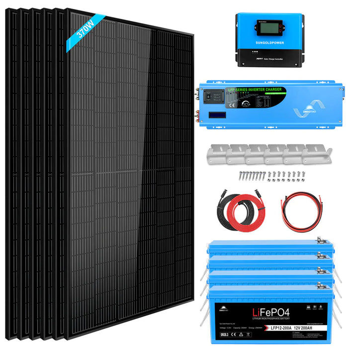 SunGoldPower Off-Grid Solar Kit 6000W 24VDC 120V/240V LiFePO4 10.24KWH Lithium Battery 6 X 370 Watt Solar Panels SGK- PRO62 - Watt Warehouse