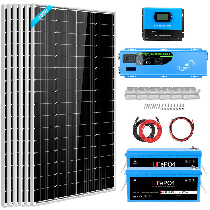 SunGoldPower Off-Grid Solar Kit 4000W Inverter 12VDC 120V/240V LiFePO4 Battery 1200 Watt Solar Back Up SGK-PR4S - Watt Warehouse