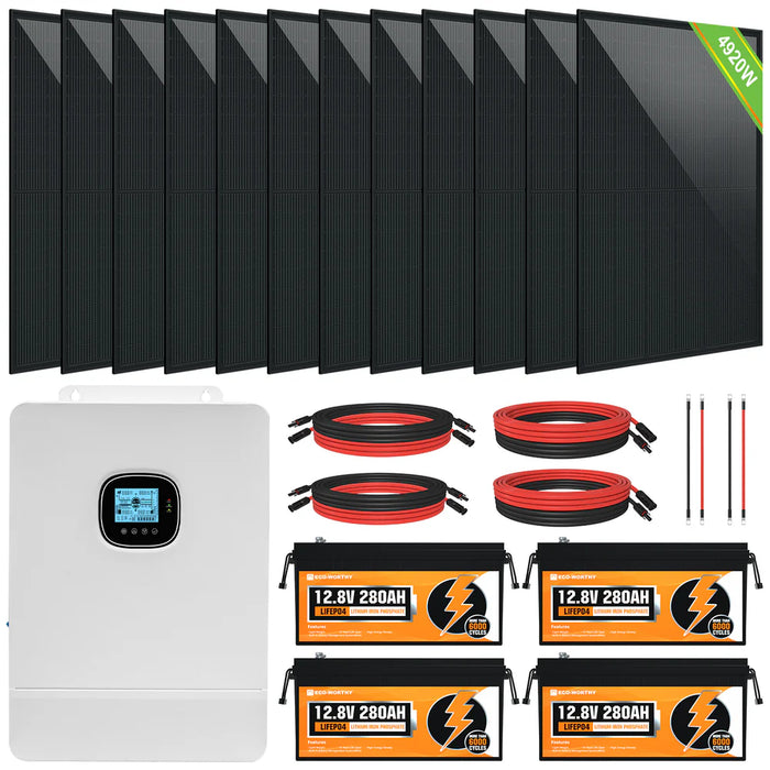 Eco-Worthy Home Off-Grid Solar Power System: 10KW 120V/240V Output+ 13.34kWh Lithium Battery (4*280Ah)+ 4920W Solar Panel (12*410W)  L02M410-SRNK10KUSL1120-12 - Watt Warehouse