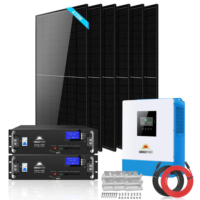 SunGoldPower Off-Grid Solar Kit 5000W 48VDC 120V LifePo4 10.24KWH Lithium Battery 6 X 415 Watts Solar Panels SGR-5KE - Watt Warehouse