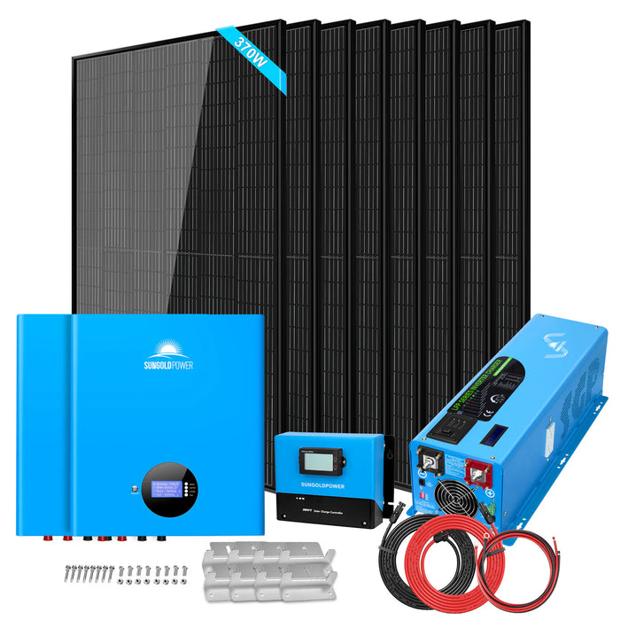 SunGoldPower Off-Grid Solar Kit 6000W 48VDC 120V/240V LifePo4 10.48KWH Server Rack Lithium Battery 8 X 370 Watts Solar Panels SGR- 6KL48S - Watt Warehouse