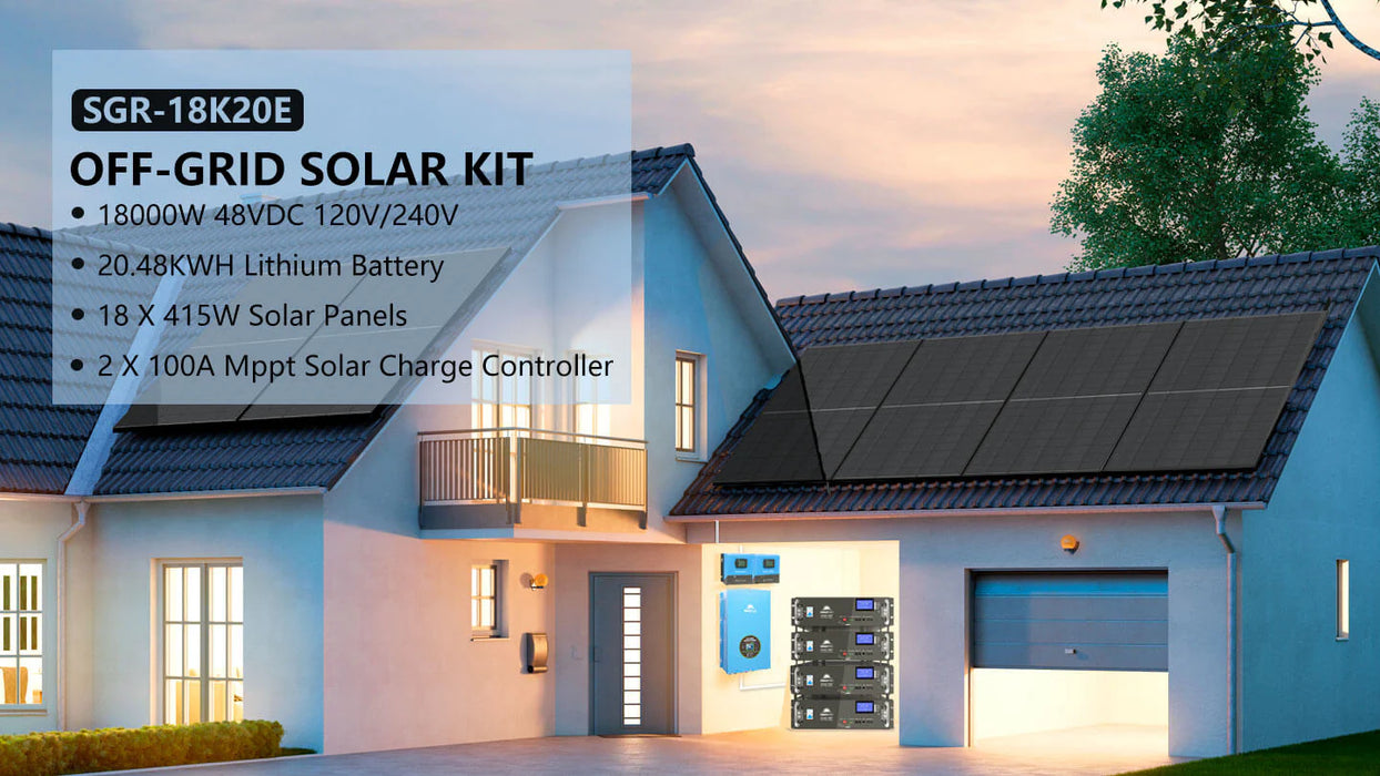 SunGoldPower Off-Grid Solar Kit 18000W 48VDC 120V/240V LifePo4 20.48KWH Lithium Battery 18 X 415 Watts Solar Panels SGR- 18K20E - Watt Warehouse