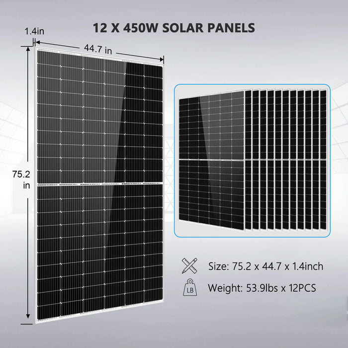 SunGoldPower Off-Grid Solar Kit 10000W 48VDC 120V/240V LifePO4 20.48KWH Lithium Battery 12 X 450 Watts Solar Panels SGR- 10K2M - Watt Warehouse