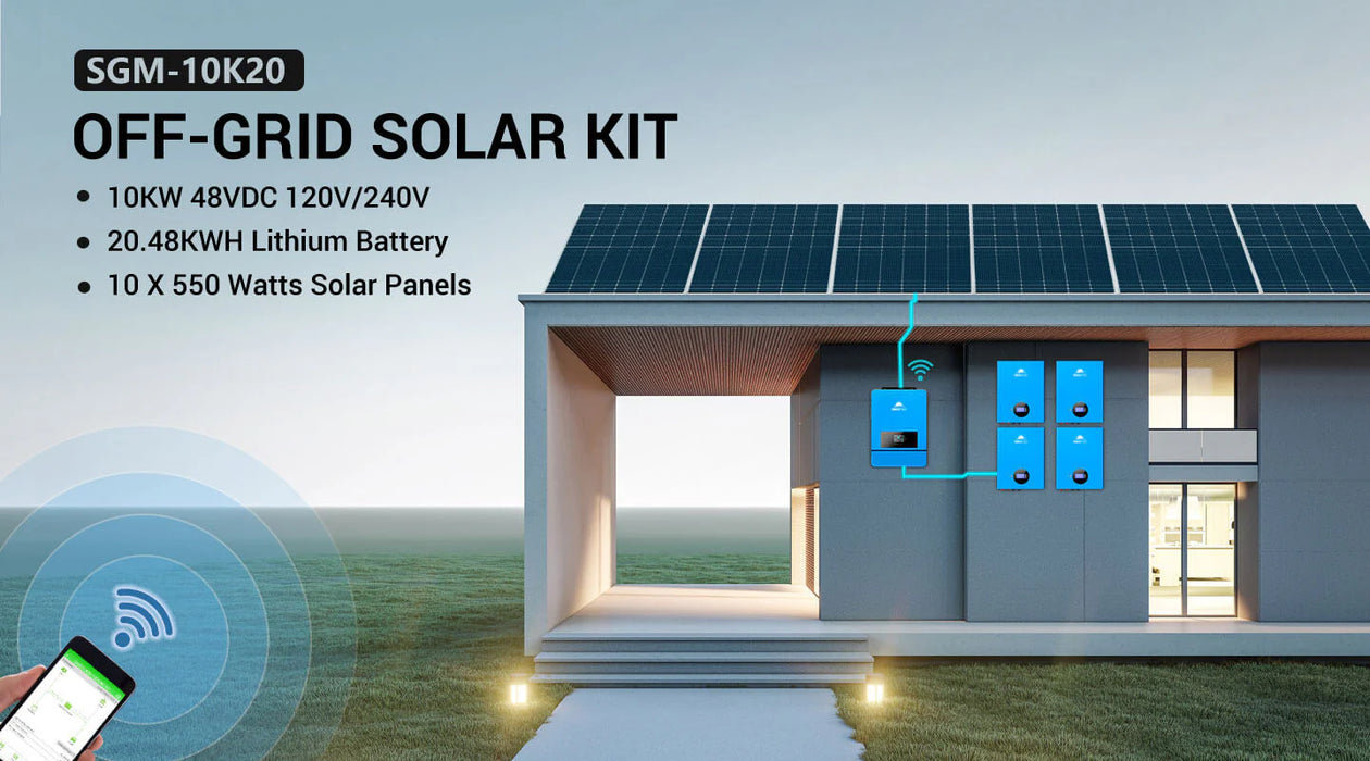 SunGoldPower Off-Grid Solar Kit 10 X 550W Solar Panels 4 X 5.12KWH Power Wall Lithium Batteries 10KW Solar Inverter 48VDC 120V/240V SGM-10K20 - Watt Warehouse